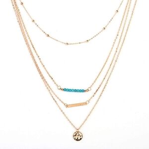 Gold 4 Layered Blue Bead Bar Disc Necklace